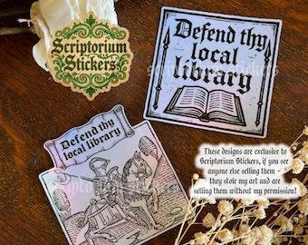 Defend Thy Local Library Medieval Sticker | Unique Gift, Medieval Knight, Medieval Block Print, Medievalcore, Art History Gift, Holographic