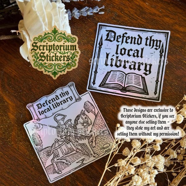 Defend Thy Local Library Medieval Sticker | Unique Gift, Medieval Knight, Medieval Block Print, Medievalcore, Art History Gift, Holographic