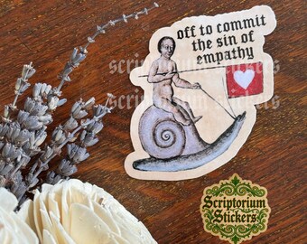 Medieval Snail Sticker | Medieval Meme Sticker, Medieval Snail Rider, Medieval Marginalia, Sin of Empathy, Satire Sticker