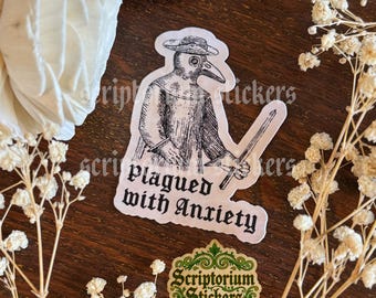 Plagued With Anxiety Medieval Sticker | Plague Doctor Sticker, Meme Sticker, Medieval Marginalia, Medieval Art Sticker, Anxiety Sticker