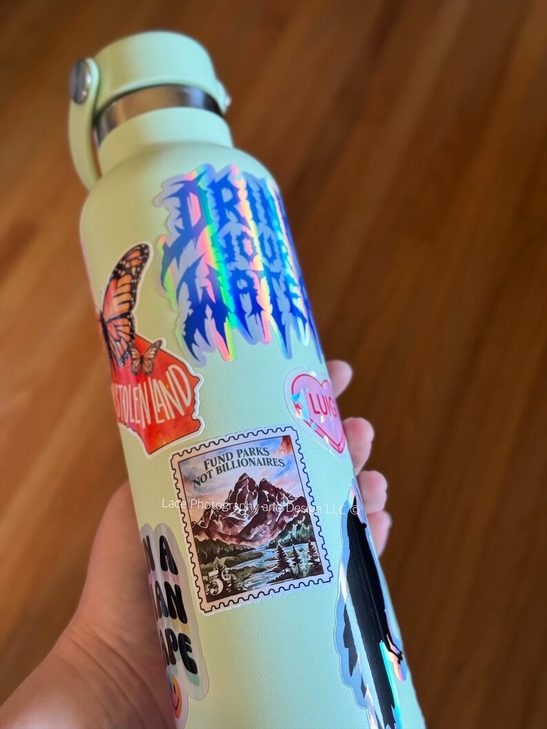 May include: A light green water bottle covered in stickers. Stickers include a butterfly, the words "DRINK YOUR WATER" in holographic lettering, and a stamp that says "FUND PARKS NOT BILLIONAIRES". The bottle has a silver lid and handle.