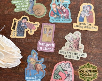 8pc Medieval Sticker Pack | Journaling Stickers, Medieval Knight, Medievalcore, Medieval Marginalia, Medieval Butt Trumpet, Medieval Snail