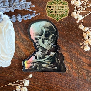 Skeleton with Burning Cigarette Holographic Sticker | Art History Sticker, Fine Art Sticker, Vincent Van Gogh Sticker