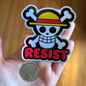 May include: A sticker featuring a skull and crossbones design with a yellow and red hat, and the word "RESIST" in red letters. A quarter coin is next to the sticker.