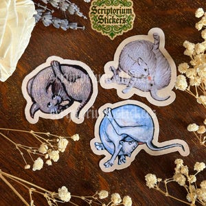 May include: Three cat stickers in various poses, each with a unique color scheme. One is dark gray, another is light gray, and the third is blue. The stickers are on a wooden surface, with the text "Scriptorium Stickers" visible.