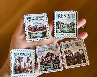 5pc Protect Public Lands Stamp Stickers | Anti Trump, Fund Parks Not Billionaires, Anti Fascism, Protest Art, Alt National Park, Hands Off