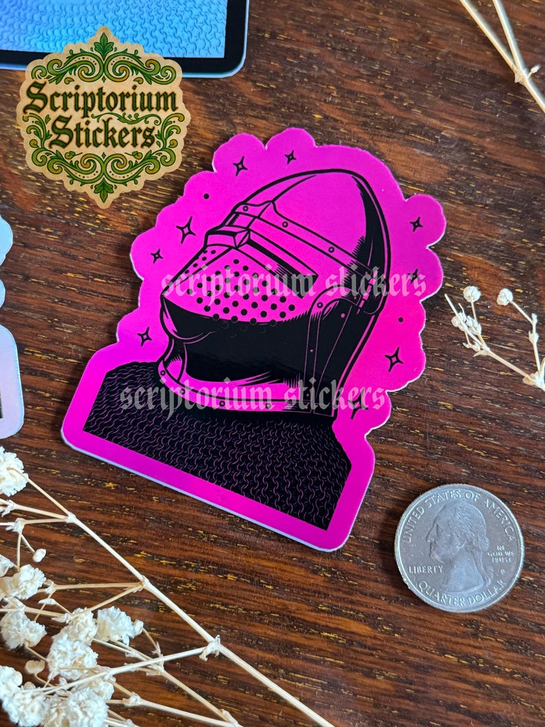 Hounskull Bascinet Stickers | Medieval Stickers, Medieval Knight Sticker, Middle Ages Sticker, Medievalcore, Medieval Block Print Sticker Pink Background