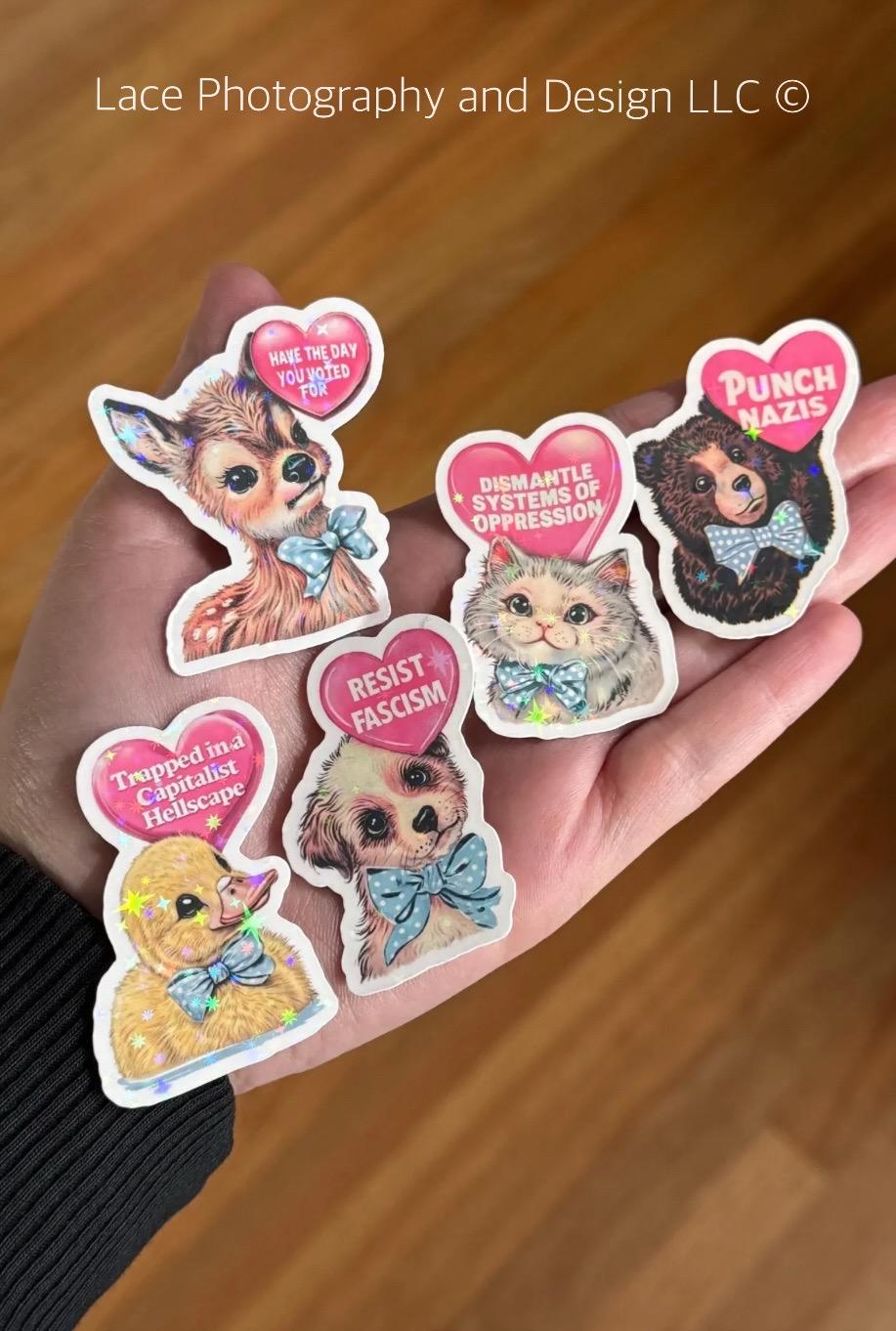 Anti Fascism & Capitalism Cute Vintage Baby Animals Sticker Collection | Anti Trump, Anti Elon, Oppression, Protest Sticker, Punch Nazis