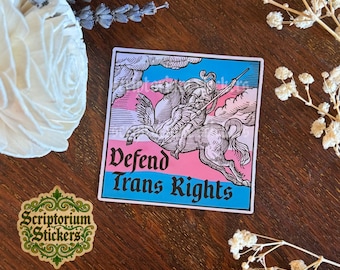 Defend Trans Rights Medieval Knight Sticker | Medieval Art Sticker, Protect Trans Youth, Human Rights Sticker, Medieval Woodcut, Emblemata