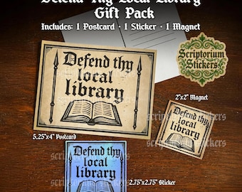 Defend Thy Local Library Medieval Gift Pack | Unique Gift, Bookish Gift, Librarian Gift, Medieval Sticker, Medieval Magnet, Postcard