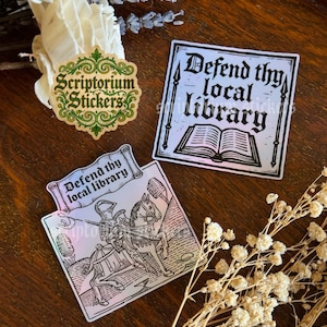 Defend Thy Local Library Medieval Sticker | Unique Gift, Medieval Knight, Medieval Block Print, Medievalcore, Art History Gift, Holographic