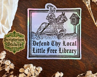 Defend Thy Local Little Free Library Medieval Sticker | Unique Gift, Medieval Knight, Medieval Block Print, Medievalcore, Librarian Gift
