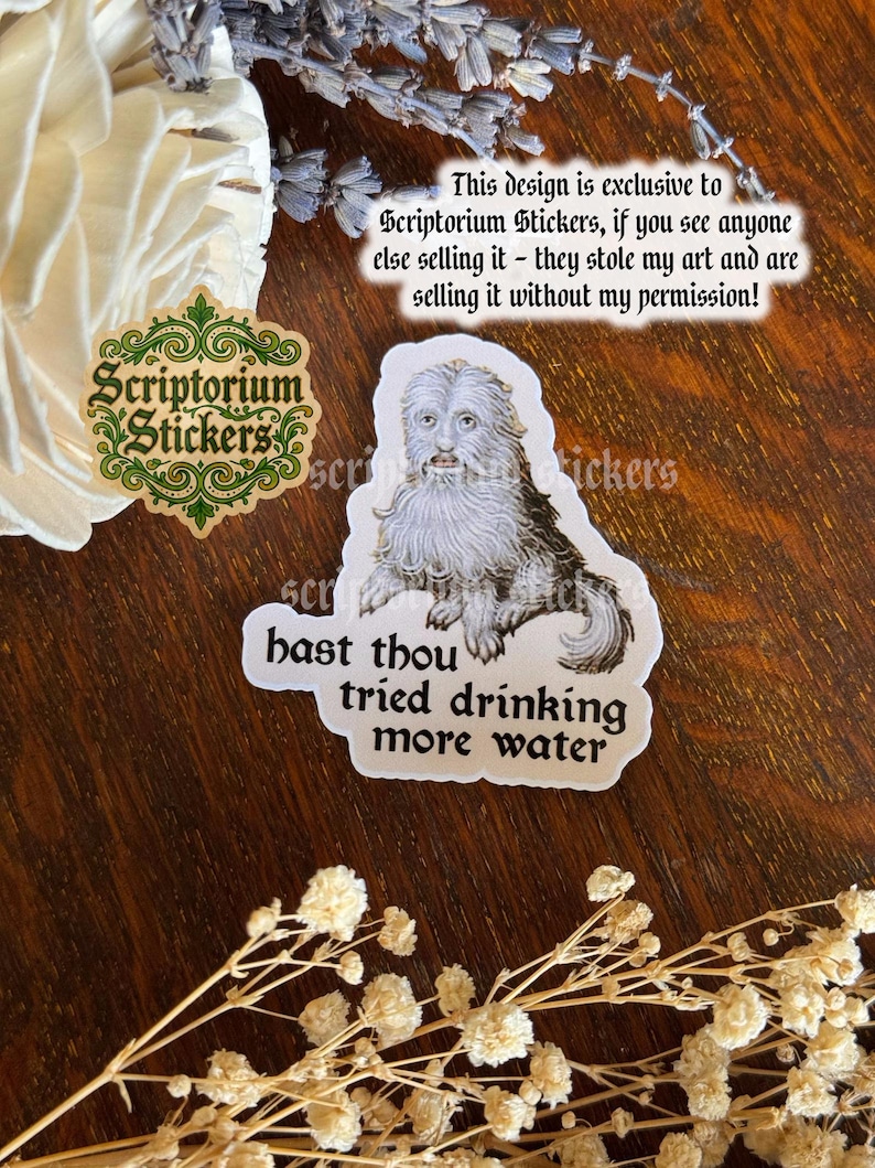 May include: A sticker featuring a vintage illustration of a furry creature with the text "hast thou tried drinking more water." The sticker also includes the text "Scriptorium Stickers."
