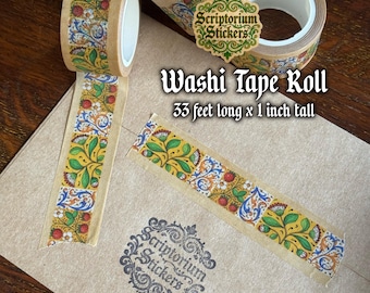 May include: Three rolls of washi tape featuring a repeating floral pattern in yellow, green, blue, and red. Text on the image reads: Scriptorium Stickers, Washi Tape Roll, 33 feet long x 1 inch tall. A strip of tape is unrolled on a tan envelope.