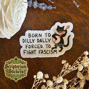May include: A sticker with the text "BORN TO DILLY DALLY FORCED TO FIGHT FASCISM" and a black cat playing a banjo. A smaller sticker with the text "Scriptorium Stickers" is also visible. The background includes dried flowers and a wooden surface.