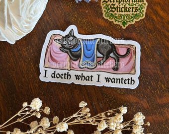Pode incluir: Um autocolante com um gato preto a descansar numa almofada rosa, com uma manta azul. O texto "I doeth what I wanteth" está por baixo. A imagem está sobre uma superfície de madeira, com flores secas e um autocolante com um logótipo.