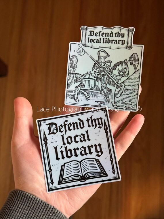 Defend Your Local Library Medieval Sticker | Unique Gift, Medieval Knight, Medieval Block Print, Medievalcore, Art History Gift, Holographic