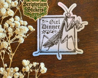 Girl Dinner Medieval Meme Sticker | Praying Mantis Sticker, Medieval Art Sticker, Feminist Sticker, Medieval Block Print Sticker