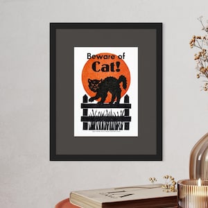 Vintage Halloween Black Cat Linocut Art Print: Handmade Letterpress, 5x7