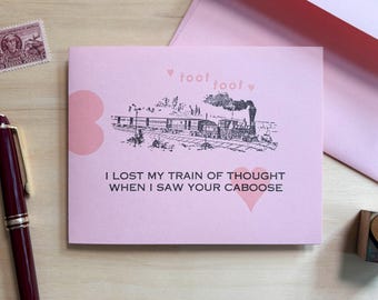 Tarjeta divertida de tren del amor: felicitación hecha a mano con impresión tipográfica