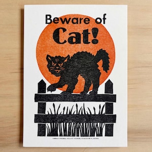 Vintage Halloween Black Cat Linocut Art Print: Handmade Letterpress, 5x7