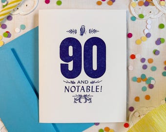 90th Birthday Letterpress Card: Notable Milestone, Handmade