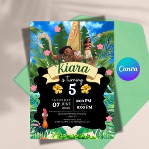 Invitación de cumpleaños editable de Baby Moana / Invitación de cumpleaños imprimible de Baby Moana / Plantilla para fiesta infantil / Invitación en Canva / Descarga instantánea