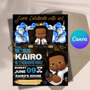 Invitación de cumpleaños editable para Baby Boss / Invitación a fiesta para Baby Boss / Descarga instantánea / Plantilla Canva / Tarjeta de cumpleaños imprimible