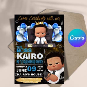 Invito di compleanno modificabile Baby Boss / Invito alla festa di Baby Boss / Download immediato / Modello Canva / Opzioni per afroamericani e tonalità della pelle