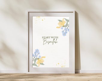 Bismillah Decorazione murale islamica floreale Stampa islamica Araba Download digitale Bianco e nero Decorazione per la casa Arte murale islamica Regalo musulmano