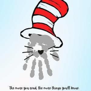 May include: A handprint illustration of the Cat in the Hat character from the Dr. Seuss book. The image includes the quote "The more you read, the more things you'll know. The more that you learn, the more places you'll go! -Dr. Seuss".