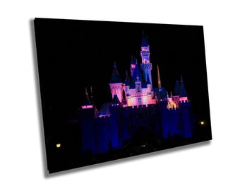May include: A nighttime view of a fairytale castle with pink and blue lights illuminating the towers and turrets. The castle is silhouetted against a dark sky.