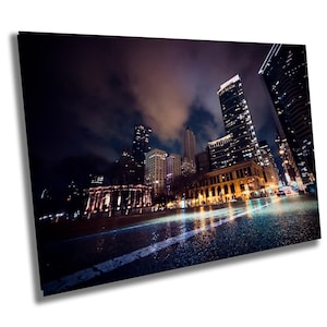 Skyline del centro di Chicago, Illinois - Paesaggio urbano notturno - Stampa / Tela / Acrilico / Metallo