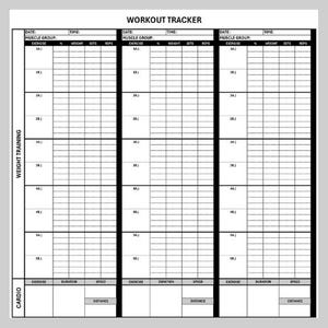 Könnte beinhalten: Ein schwarz-weiß Workout-Tracker mit der Aufschrift "WORKOUT TRACKER". Der Tracker ist in drei Abschnitte für Krafttraining und Cardio-Übungen unterteilt, mit Feldern für Datum, Zeit, Muskelgruppe, Übung, Gewicht, Sätze, Wiederholungen, Dauer, Geschwindigkeit und Distanz.