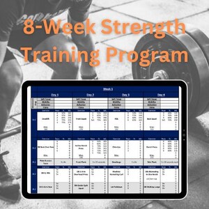May include: A digital tablet displaying an 8-week strength training programme with a weekly schedule for each day. The programme includes exercises such as deadlifts, front squats, bench press, and chin-ups.