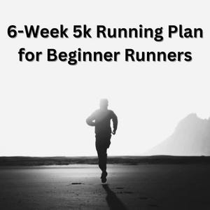 Könnte beinhalten: Ein Schwarzweißbild einer Person, die an einem Strand läuft. Die Person ist vor einem hellen Himmel silhouettiert. Der Text "6-Week 5k Running Plan for Beginner Runners" befindet sich oben im Bild.