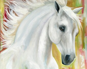 April White Arabian Horse Oil Painting Giclee Print