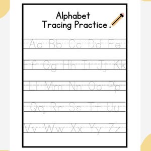 Könnte beinhalten: Ein weißes Lernarbeitsblatt mit dem Titel Alphabet Tracing Practice und einer Bleistiftgrafik. Es enthält fünf horizontale Zeilen mit dem englischen Alphabet in Groß- und Kleinbuchstaben, dargestellt in einer gepunkteten Schriftart.