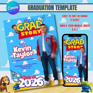 Może przedstawiać: Szablon ukończenia szkoły z niebieskim tłem i tekstem "It's a Grad Story" z młodym mężczyzną w kurtce uczelnianej. Szablon zawiera imię i nazwisko absolwenta, szkołę i szczegóły ceremonii. Pokazano również zaproszenie mobilne.