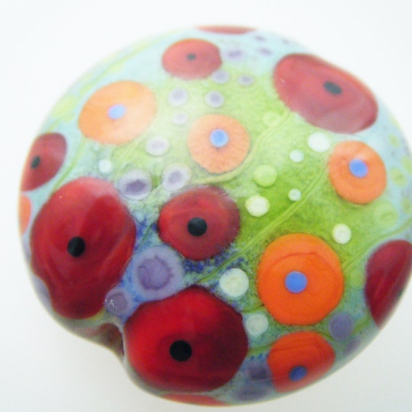 Moogin - Enamelled poppy field extra large lampwork glass lentil bead -  31mm- SRA