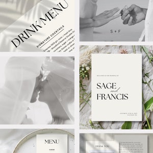 Paquete de bodas minimalista: carteles de bienvenida, menús de cenas y bebidas, números de mesa, tarjetas con nombres, tarjetas de agradecimiento, plantilla editable