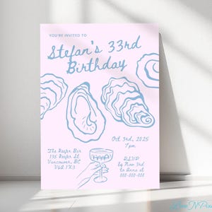 Canva Pro - Convite de aniversário de ostra, desenhado à mão, comemoração com champanhe, modelo editável Canva PRO