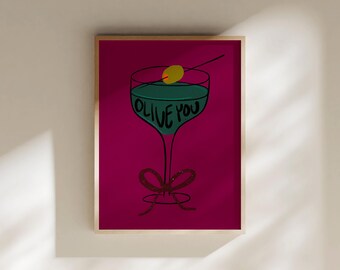 Martini Print, Bar Cart Decor, Alcohol Retro Wall Art, Funky Home Decor, Cocktail Poster, Olive You Hand-drawn Digital Download, Kitchen Art