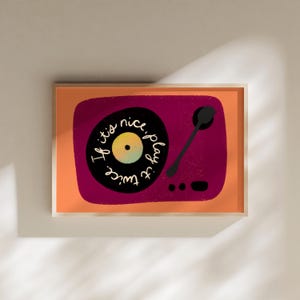 Vintage vinylplaat kunst aan de muur, retro muziekposter, modern decor uit het midden van de eeuw, cadeau platenspeler, funky handgetekende afdrukbare kunst