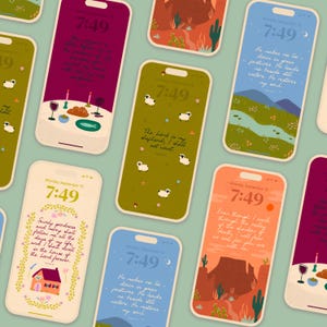 Può includere: Una collezione di smartphone con vari sfondi illustrati. Ogni telefono mostra una scena diversa, tra cui paesaggi, cibo e pecore, insieme a testo ispiratore e l'ora 7:49. I telefoni sono disposti su una superficie verde chiaro.