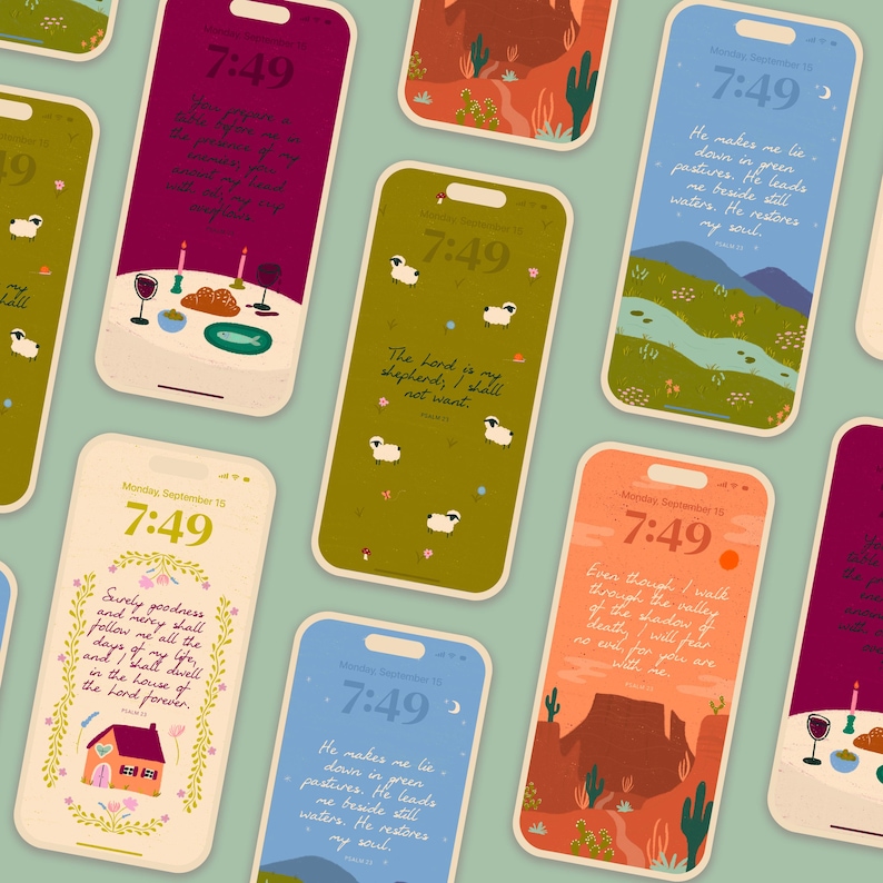 May include: A collection of smartphones with various illustrated backgrounds. Each phone displays a different scene, including landscapes, food, and sheep, along with inspirational text and the time 7:49. The phones are arranged on a light green surface.