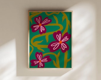 Colorful Orchid Print Pink & Green Floral Poster, Retro Floral Print Maximalist Wall Art, Abstract Botanical Mid Century Wall Art