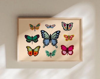 Butterfly Wall Art, Girl's Room Decor, Boho Girl's Nursery, Butterflies Printable Art, Digital Print, Hand-Drawn Insect Poster