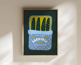 Blue Sardines Tin Art Print, Retro Food Can Art, Maximalist Kitchen Gallery Decor, Vintage Fish Print, Trendy Mediterranean Seafood Print