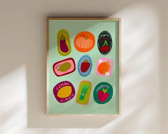 Fruit Stickers Print, Funky Kitchen Wall Art, Hand-drawn Food Art, Dorm Decor, Trendy Kitchen Print, Retro Food Art, Modern Poster Printable